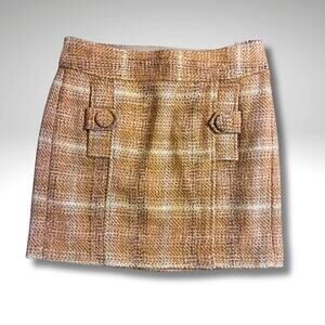 Warm Camel Plaid Tweed Wool Blend Mini Skirt• Size 0 Classic Heritage Academia